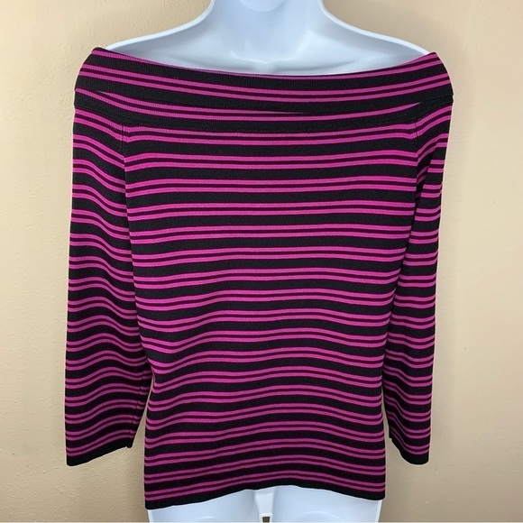 Cable & Gauge Fuchsia Pink Black Striped Knit Blouse Off Shoulder Large - Picture 6 of 8